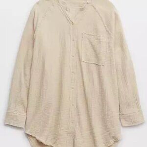 Aerie Beige Oversized Button Down Beach Cover Up Shirt Medium